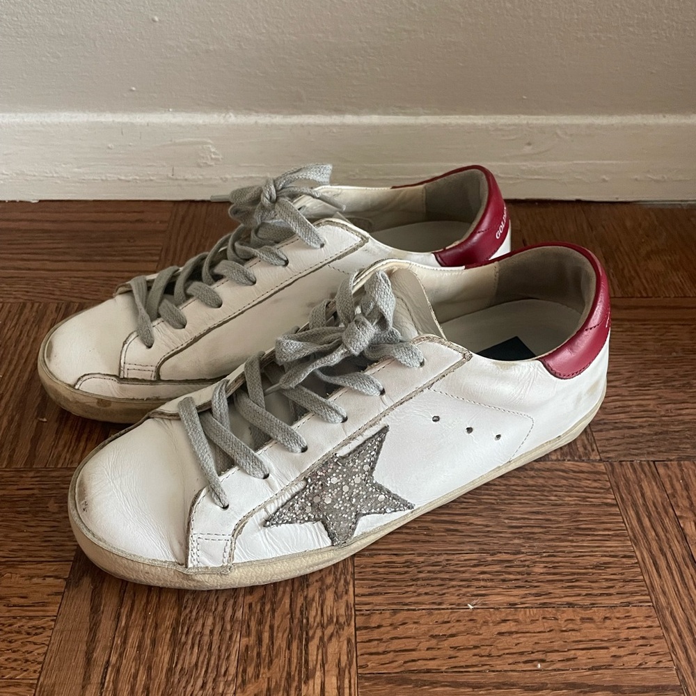 Golden Goose White and Red Distressed Sneakers